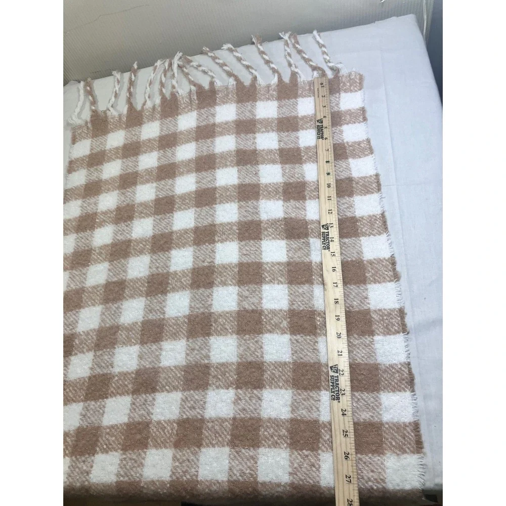 Aerie Tan White Gingham‎ Checkered Oversized Blanket Scarf with Fringe One Size
